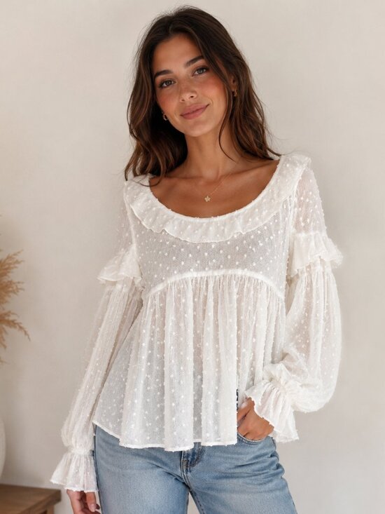 Anthropologie Tops - Anthropologie White Swiss Dot Ruffle Boho Blouse Peplum Top Romantic Small-385